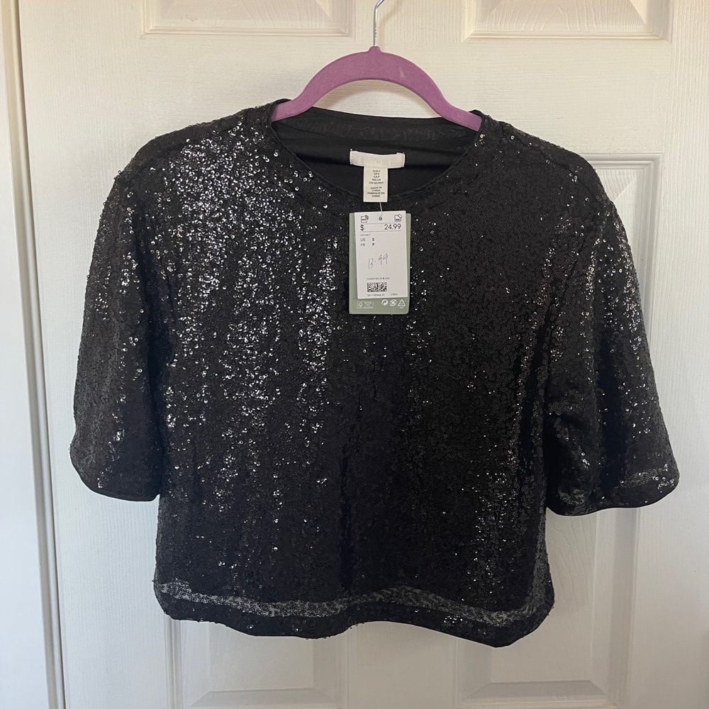 H&M Black Cropped Sequin T-shirt